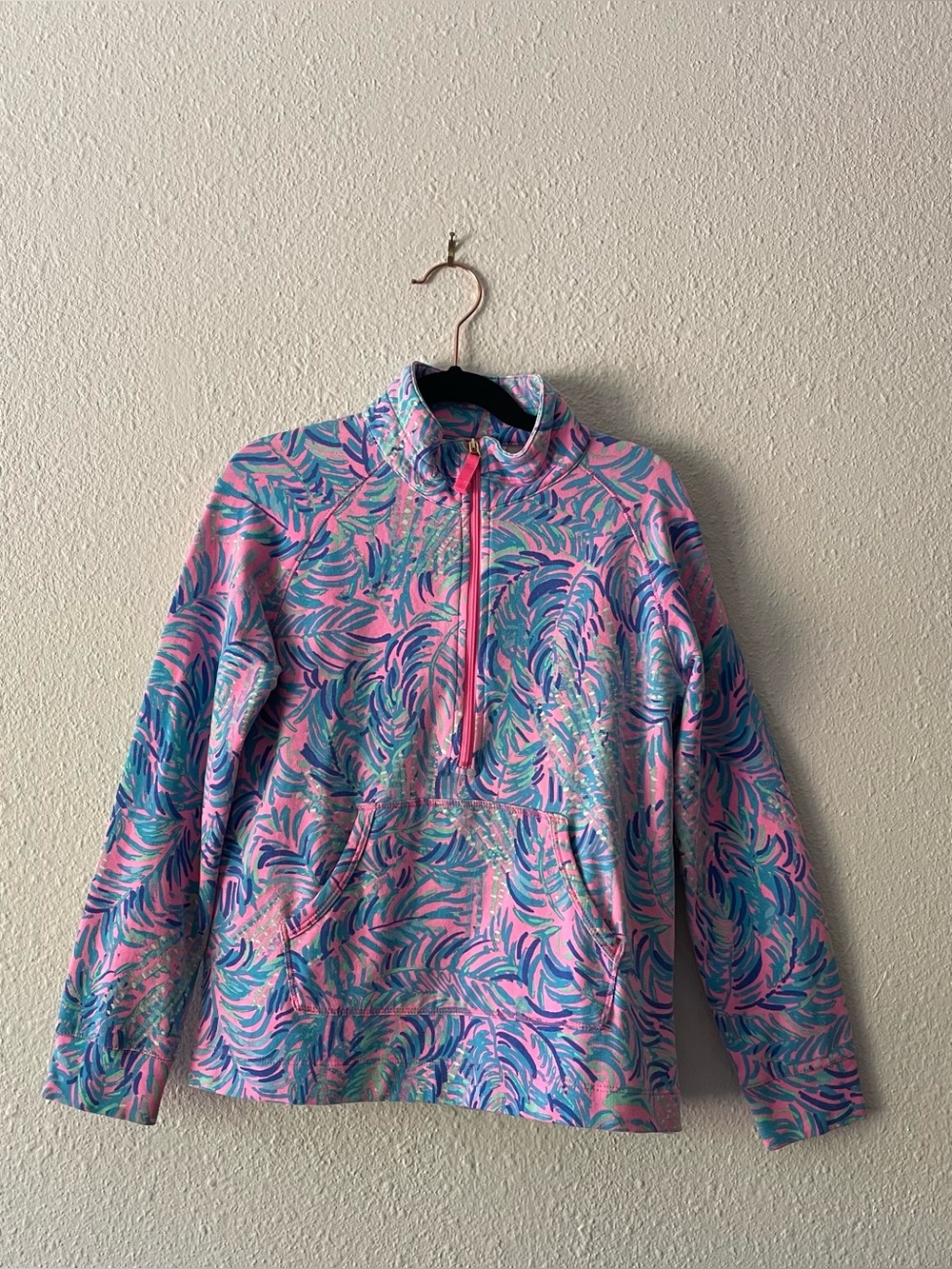 Lilly Pulitzer Girls L 8-10 Quarter Zip Pullover Pink Teal Tropical Print Preppy